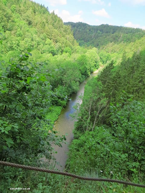 "a river along the Wutach trail of the Black Forest seen from a bridge"